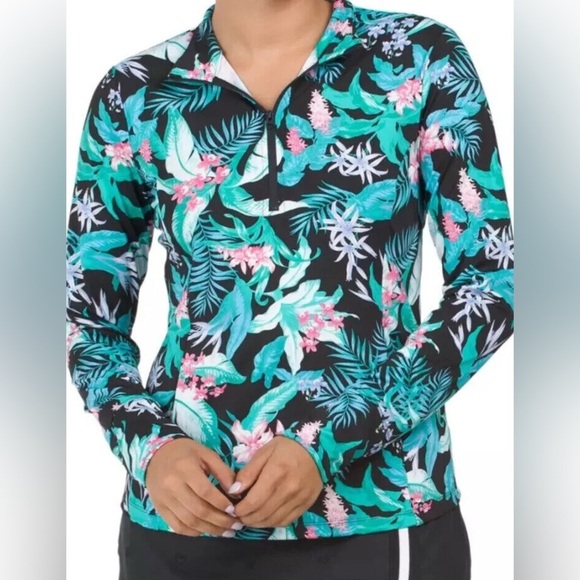 TOMMY BAHAMA Floral Quarter Zip Golf Long Sleeve Top Tropical UPF 50 Quick Dry S - Picture 1 of 10